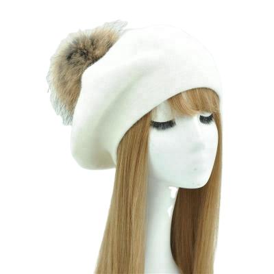 China Wholesale Fashionable Striped Ladies Spring Wool Beret With Real Fur Pom Pom Women's Custom Berets for sale