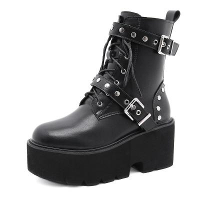 China Fashion CYNLLIO Lace Motorcycle Boots Block Heel Platform Combat Ankle Boots Rubber Women's Calf Studded Boots Mid for sale