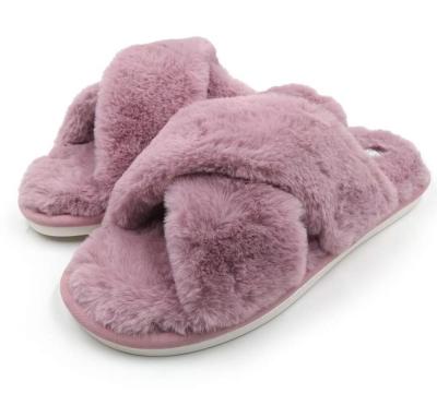 China Flat Women Cross Band Slip On Open Toe Fuzzy House Slippers for sale