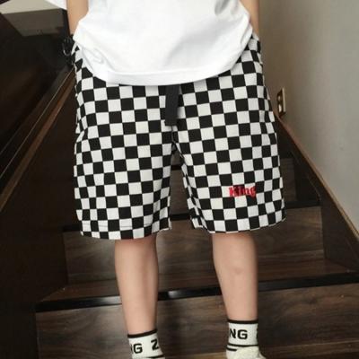 China Color Fade Proof 2021 Summer Boys Kids Big Size Embroidered Letter Check Pants Belt Mid Waist Sweatpants Trousers Beach Trousers for sale