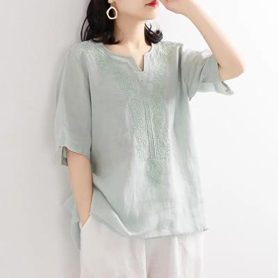 China Summer New Style Cotton Linen Shirt Women Loose Embroidered Anti-wrinkle Cotton T-shirt Short Sleeve Blouse for sale