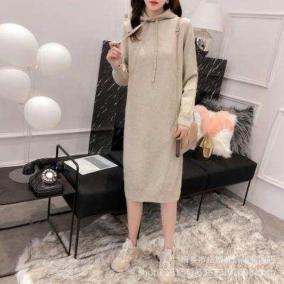 China 2021 anti-static autumn and winter new fashion solid color hooded over-the-knee sweater dress women's loose mid-length bottom sweater for sale