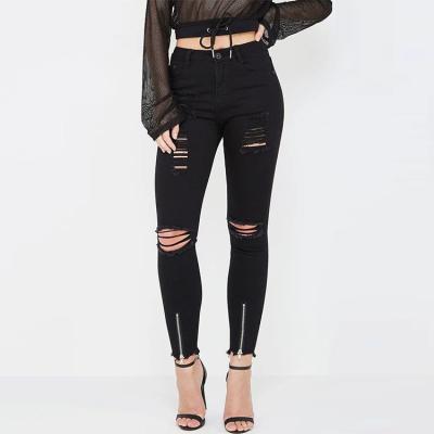 China Sustainable Custom Women Stepped Edge Distressed Zipper Front Skinny Jeans for sale