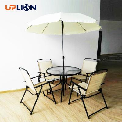 China Quality modern metal Uplion foldling table and chair with umbrella garden villa patio furniture set for sale