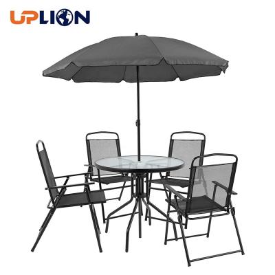 China Uplion Modern Garden Furniture 6 Piece Black Patio Garden Set with Umbrella Table and Set of 4 Folding Chairs for sale