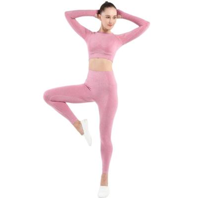 China Wholesale Women Anti-UV Fitness Yoga Wear 2 Piece Sports Long Sleeve Crop Top Seamless Workout Set for sale