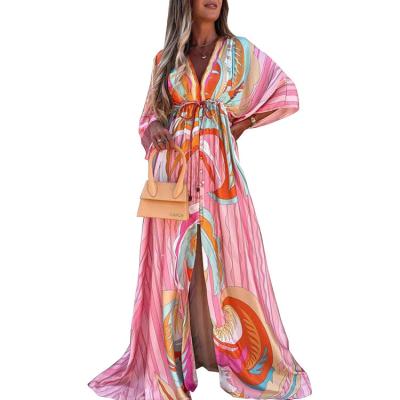 China 2022 Breathable Summer Autumn Long Dress V-Neck Printed Long Sleeve High Split Elegant Maxi Dress for sale