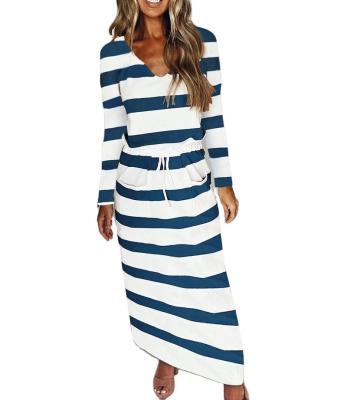 China 2021 Breathable Women Fall Clothes Women V-neck Long Sleeve Striped Long Casual Dress With Pocket for sale