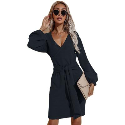 China Autumn Winter Fashion Women Breathable Knitted Dresses Elegant Ladies V-neck Long Sleeve Sweater Dress for sale