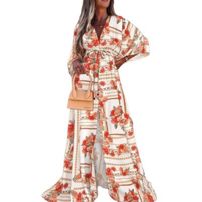 China Floral Print Ruffle Maxi Boho Dress Vacation V-Neck Long Sleeve Women Loose Breathable Sundress for sale