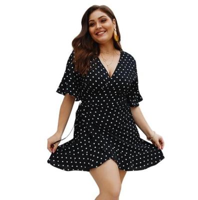 China Dot Printing Casual Irregular Plus Sleeve 2022 Summer V-Neck Women's Dresses Short Waist Breathable Mini Dress for sale