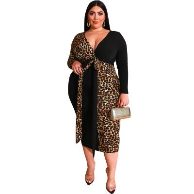 China Women Breathable Wholesale Deep V Neckline Long Sleeve Leopard Patch Plus Size Bodycon Dress for sale