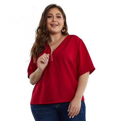 China Breathable Plus Size Women Clothing Summer Woman Tops Short Sleeve Zipper Neck Plain Casual Ladies Blouses for sale