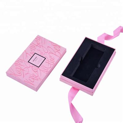 China Handmade Custom Lid And Base Rigid Cardboard Printing Pink Cosmetic Packaging Box With Ribbon for sale