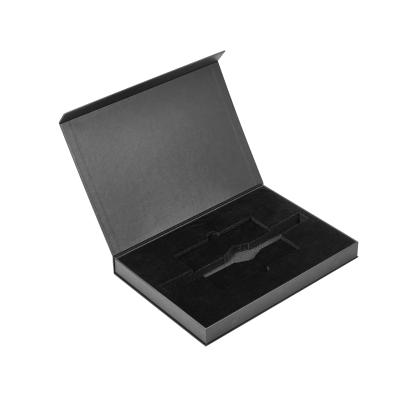 China Watch Boxes Gift Packaging Custom Logo Luxury Style Matte Black Material Flocking Velvet Padded Magnetic Clamshell Watch Gift Box For Men for sale