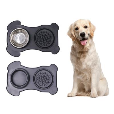 China Viable Collapsible Silicone Dog Bowl With Stainless Steel Bowl Non Stick Silicone Feeding Mat Suction For Pet for sale