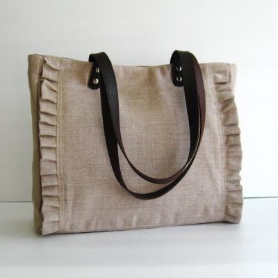 China Durable Handle Natural Color Ruffles Pleats Canvas Tote Bag for sale