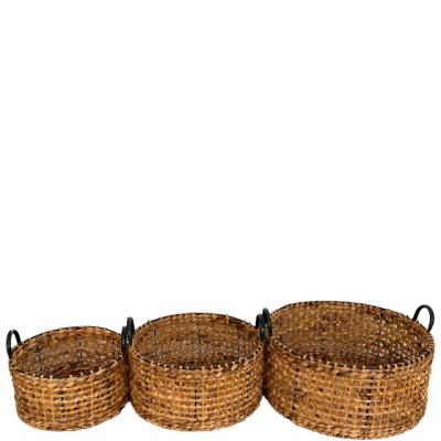 China Sustainable Natural handmade round  grass basket with black handle for home storage for sale