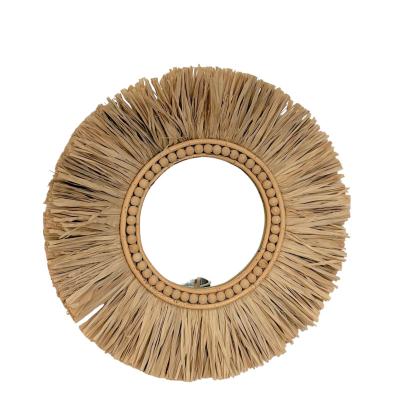 China Natural Home Bedroom Wall Decor Mirror Natural Material Raffia Mirrors for sale