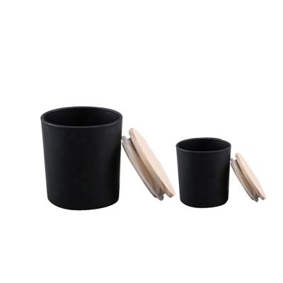 China Home Decoration Custom Frosted Black Glass Candle Jars Matte Black Glass Candle Jar With Wooden Lid for sale