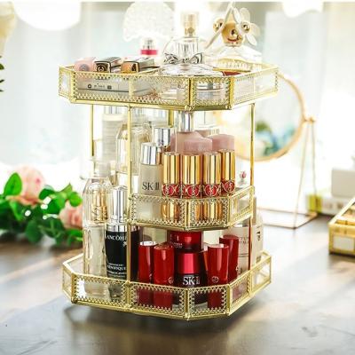 China Gold Makeup Display Rack Perfume Cosmetics Storage Box Revolving Glass Transparencies Rotate Desktop Case Metal Makeup Socket for sale