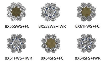 中国 大口径の鋼鉄ロープ ケーブル、鋼鉄中心ワイヤー ロープ8x55SWS 8x61FWS 8x64SFS 販売のため