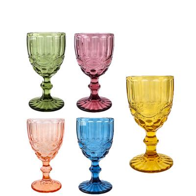 China Printing LOGO Vintage Colored Drinking European style Champagne Pink Blue Mugs Embossed Transparent Goblet Glass Color Wine Glass Cup Wedding for sale