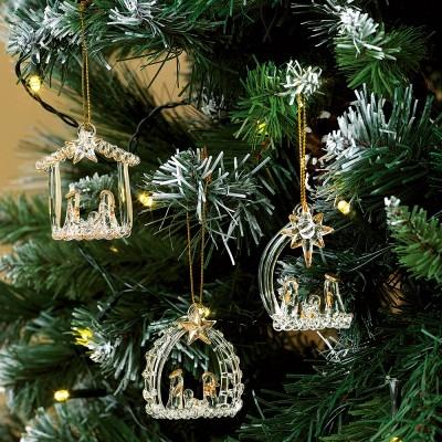 China Hanging Chirstmas Tree Decor Set of 3 Christmas Tree Ornament Glass Gold Hanging Nativity Scene Native Prepared Christmas Nativity Scenes for sale