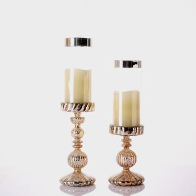 China Gold Mercury Long Stem 2 Candle Holder Luxury Gold Glass Candle Holder Set for sale