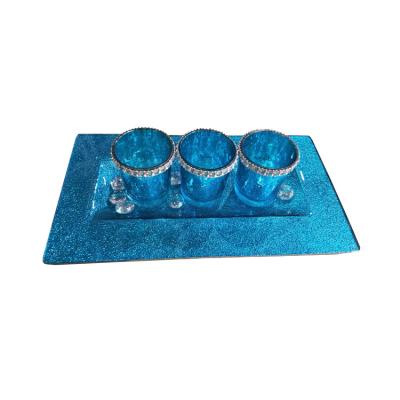 China Art Unique Modern Blue Glass Candle Holder 3 Set With Blue Plate With Decoration for sale