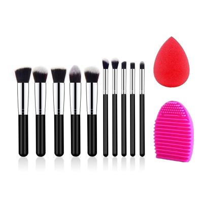 China Angular Blush 10pcs Black Silver Premium Synthetic Makeup Brush Set With Non Latex Makeup Sponge And Silicone Brush Cleaner for sale