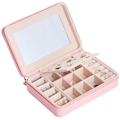 China With Mirror Faux Leather Jewelry Case Travel Box With Mirror For Rings Earrings Necklace Bracelets for sale