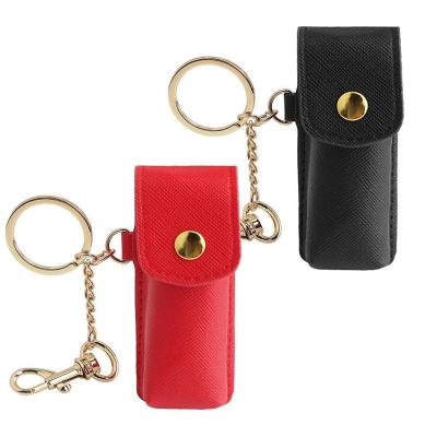 China Leather Lipstick Case Lipstick Carrying Cases Travel Lipstick Holder Customize Logo and Size Black and Red Color with Key Chain for sale