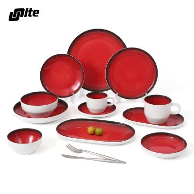 China Viable Customized European Ceramic Red Hotel Restaurant Porcelain Dinner Set Dinnerware Tableware Set for sale