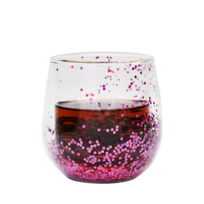 China Customized Double Wall Glass Coffee Cup Decorative Glitter Tumbler Drinking Glasses for sale