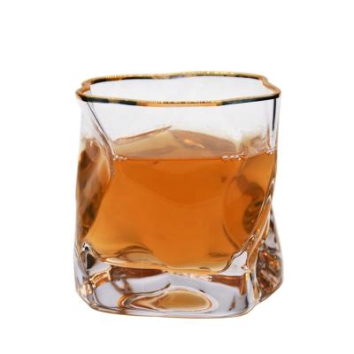 China Irregular Handmade Whiskey Glass With Gold Rim for sale