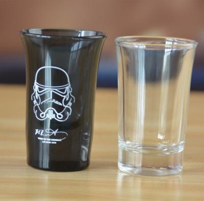 China Logo Printed Clear  Unique Shot Glasses With Color Decal for sale