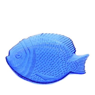 China Fish Shaped Embossed Colorful Glass Charger Plates for sale