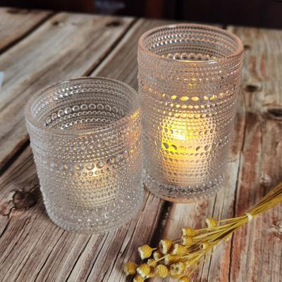 China Customized Embossed Beads Strings Glass Votive Candle Holders ,  Glass Cylinder Candle Holders for sale