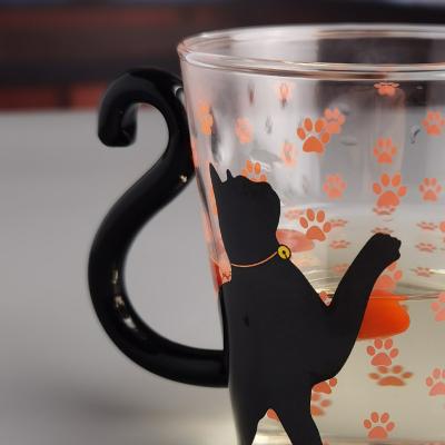 China Borosilicate Black Cat Tea Glass Mug With Color Tail Handle for sale