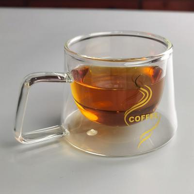 China 200ml Borosilicate Double Layer Glass Coffee Mug With Golden Logo for sale