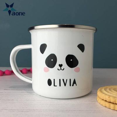 China Viable Coffee White Mugs With Steel Rim Enamel Travel Cups Logo OEM Printed Sublimation DIY Camping Mugs for sale