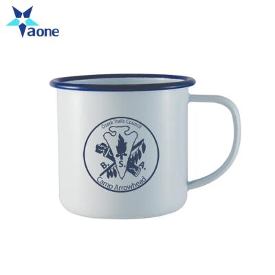 China Viable Custom White Mug Rim Enamel Coffee Mugs Travel Blue Drinkware Camping Logo Print 12oz for sale