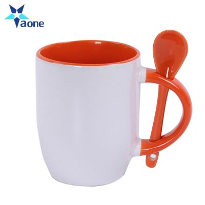 China Sublimation Printed DIY Logo Viable Advertising White Ceramic Mug With Spoon Coffee Tea Mugs for sale