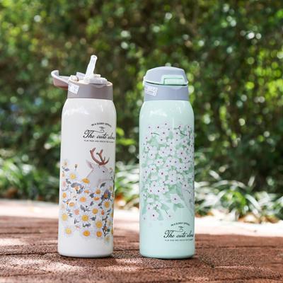 China Cartoon PORTABLE Student Girl Double Stainless Steel Thermos Mug with Straw Rope Creative Thermal Bottle Tumbler Portable Vacuum Flasks for sale