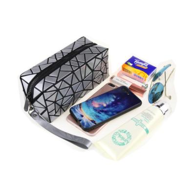 China Fashion Women Rainbow Makeup Bag PU Folding Diamond Geometric Hologram Cosmetic Bag PVC for sale