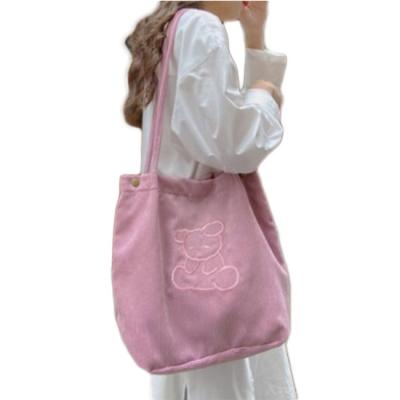 China Customized Lovely Sweet Embroidery Japan Bear Large Capacity Sling Corduroy Fashion Shopping Bag Recyclable Portable Shopping Bag for sale