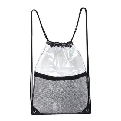 China Custom Fashion Waterproof Logo String Backpack Clear Mesh Stitching PVC Transparent Drawstring Bag for sale