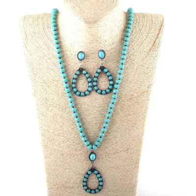 China Popular Women White and Aqua Glass Beads Knotted Jewelry Set Turquoise and Crystal Drop Pendant Necklace Earring Te koop