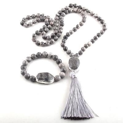 China Natural BOHEMIA Fashion Amazonite Jewelry Set Map Stone Facet Stone Link Tassel Necklace Bracelet Set Te koop